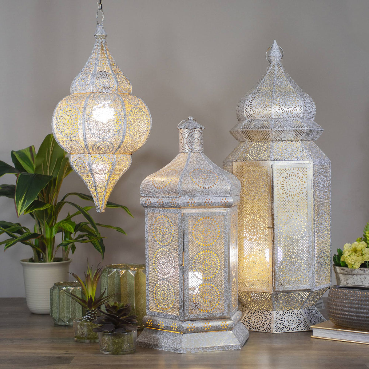 Distressed White and Gold Moroccan Cut-Out Floor Lantern Lamp U89694