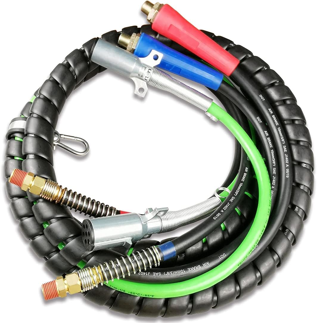 3 in 1 Spiral Wrap ABS Electrical Cord and Rubber Air Line Polyester Braided Hose Assemblies 15ft Length Wrap Set Heavy Duty 7 Way Electrical Trailer Cord L46239
