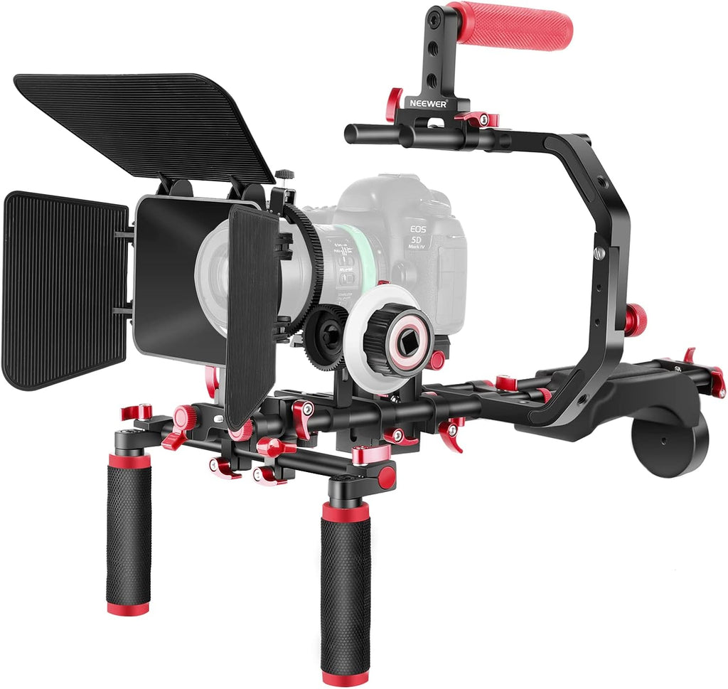 Shoulder Rig Kit with Matte Box, Follow Focus, 15mm Rods, Handgrip, 1/4” & 3/8” Threads (Red + Black) H47866