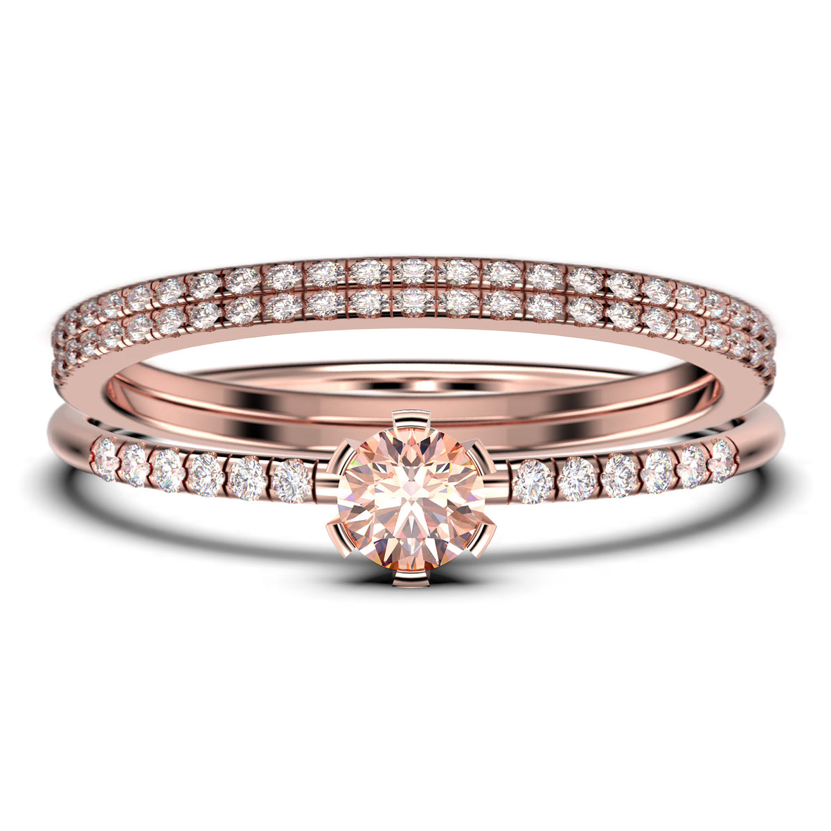 1.55 Carat Round Cut Morganite And Diamond Moissanite Engagement Ring Trio Set in 925 Sterling Silver With 18k Rose Gold Plating K931046