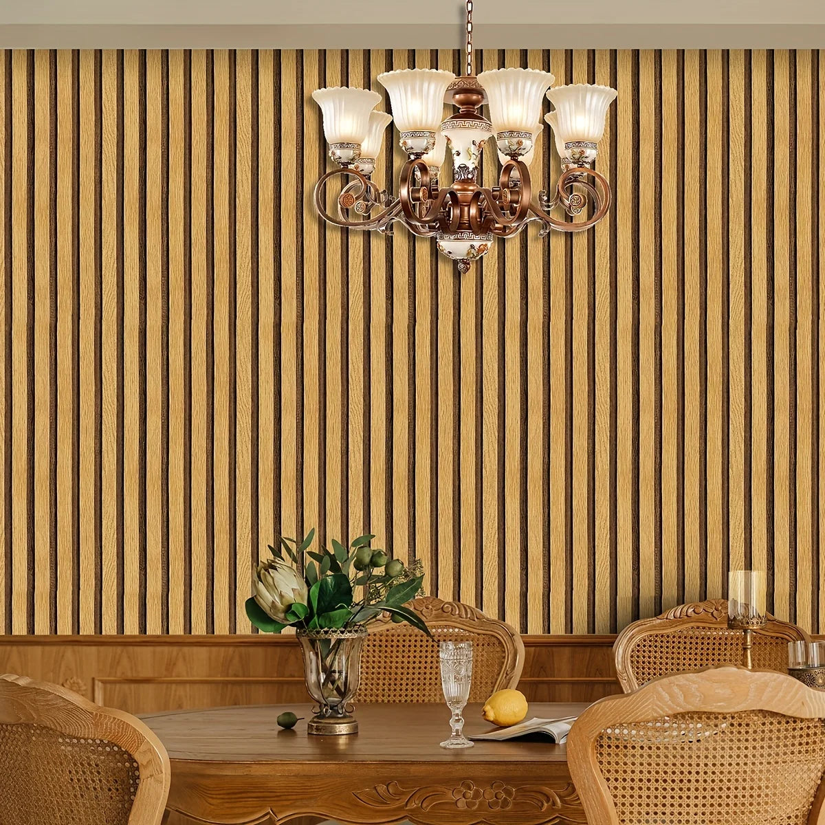 Glossy Light Brown Wood Grain Stripe Wallpaper T884361