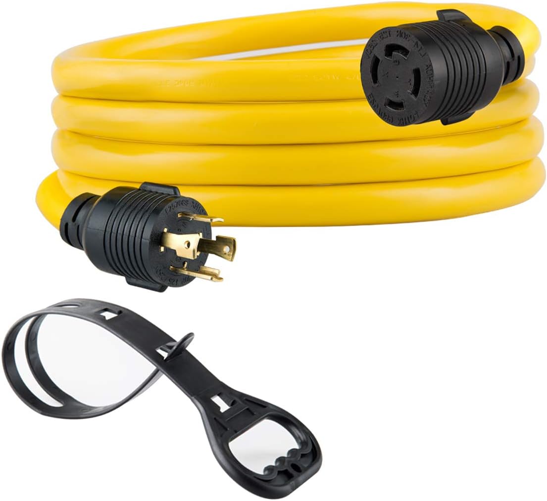 25FT Heavy Duty Generator Locking Power Cord NEMA L14-30P/L14-30R, 4X10 Gauge SJTW Cable, 125/250V 30Amp 7500 Watts Yellow N52083