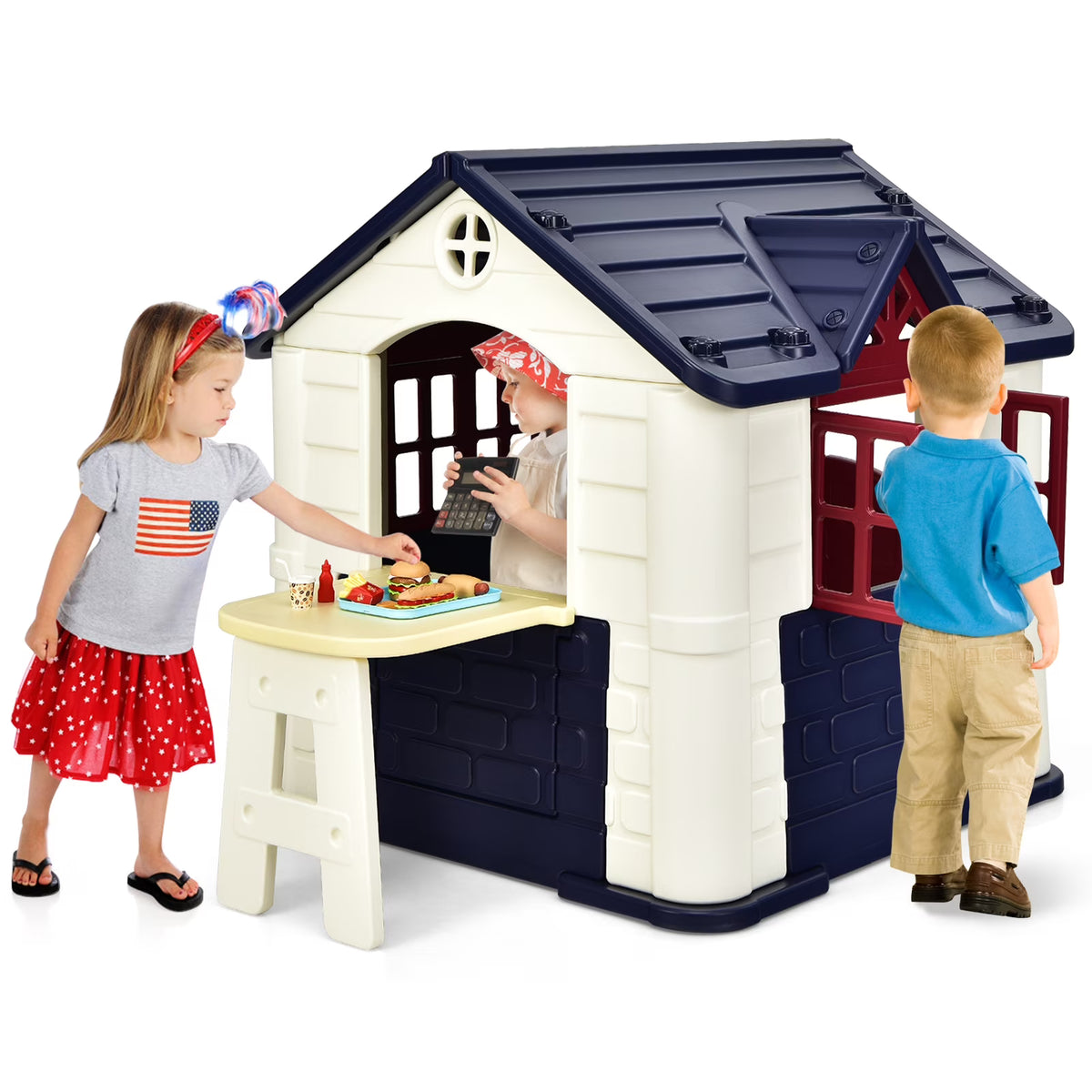 Blue Playhouse Games Cottage with 7 PCS Toy Set and Waterproof Cover A892
