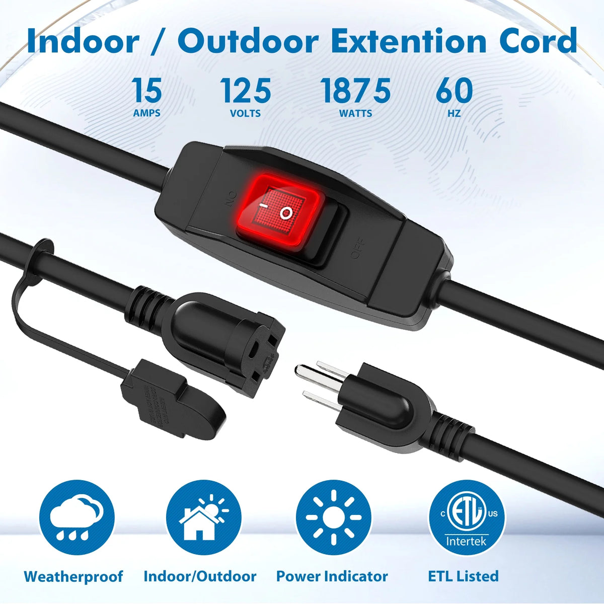 12 FT Extension Cord with Waterproof Switch, 1875W 15A 125V F742