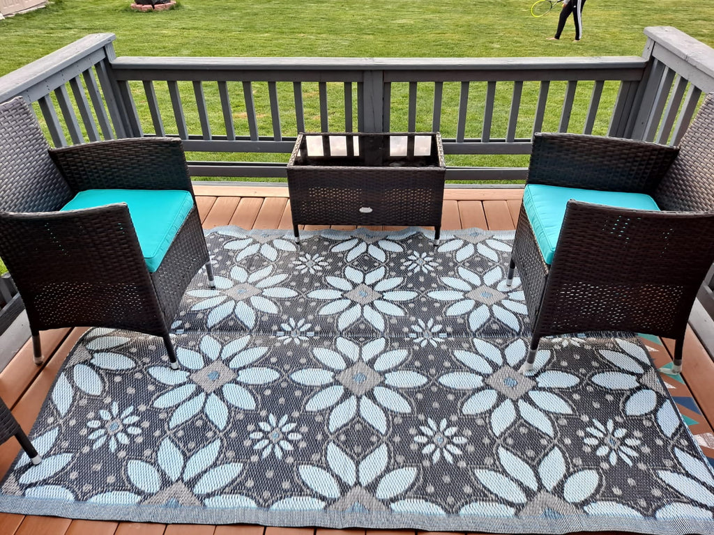 Outdoor Plastic Straw Patio Rugs 2 PK 5 by 7 Feet Blue Black Grey Reversible Waterproof Mats T665
