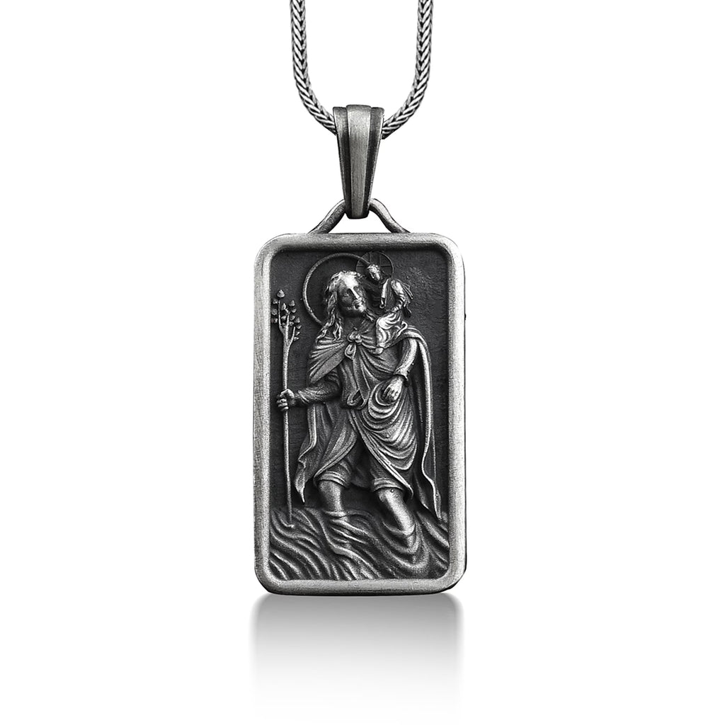 Silver St Christopher and Jesus Pendant Necklace S820379