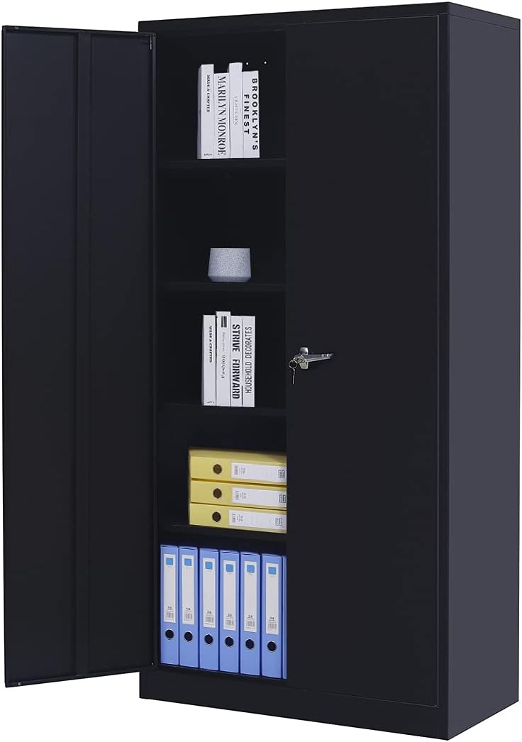 Black Metal Storage Cabinet with Doors and Shelves H480896