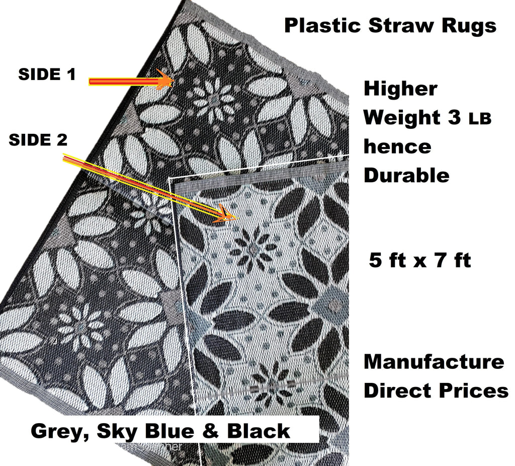 Outdoor Plastic Straw Patio Rugs 2 PK 5 by 7 Feet Blue Black Grey Reversible Waterproof Mats T665