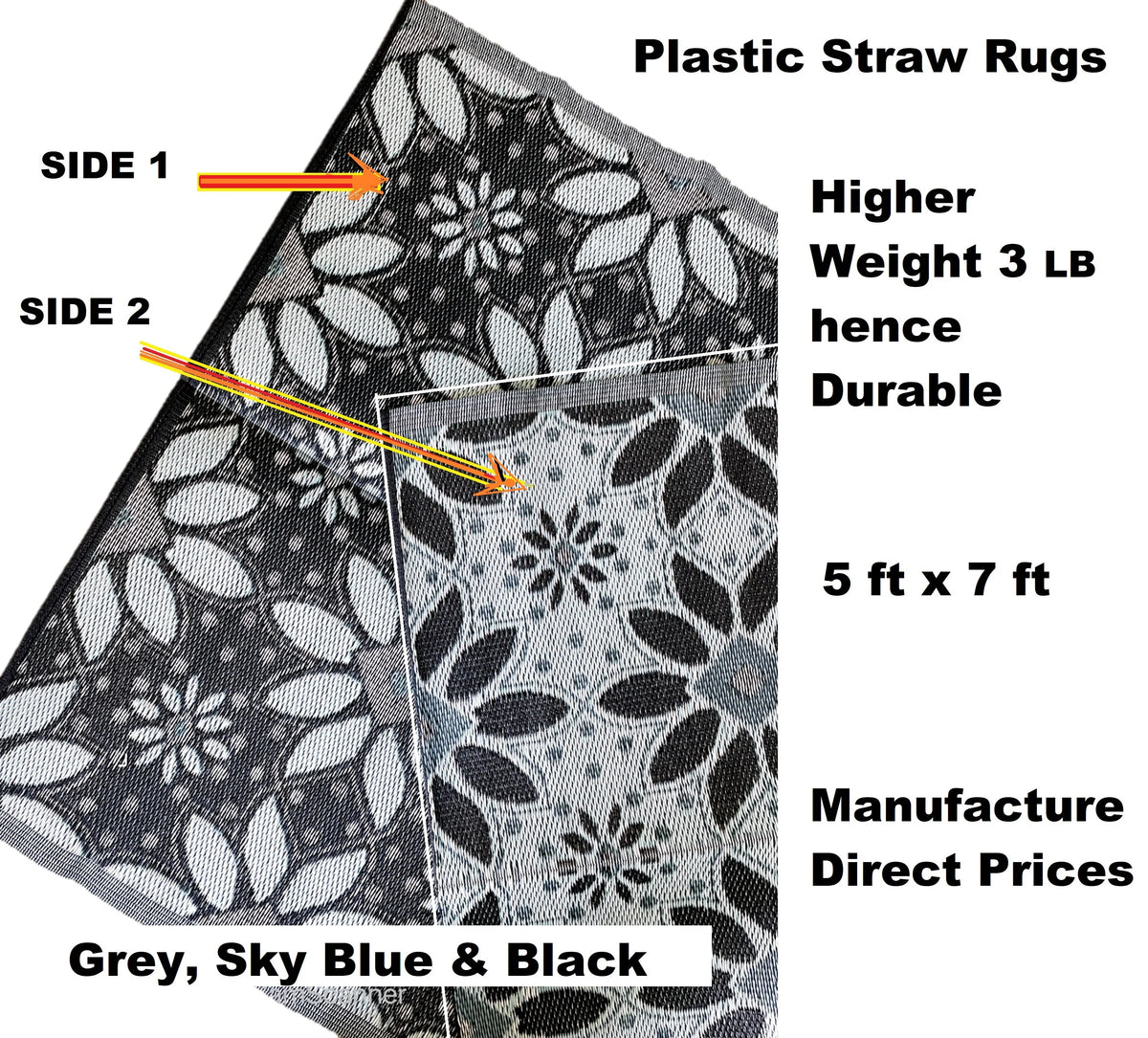 Outdoor Plastic Straw Patio Rugs 2 PK 5 by 7 Feet Blue Black Grey Reversible Waterproof Mats T665