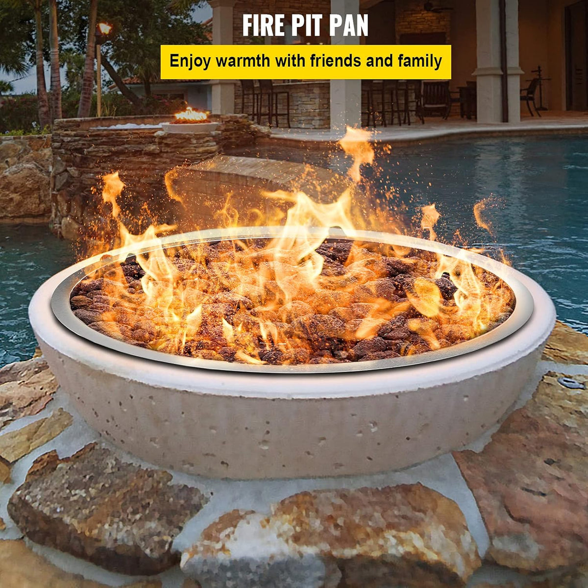 31 x 31 Round Stainless Steel Gas Fire Pit Burner Pan with Volcanic Rock Insert Q944121