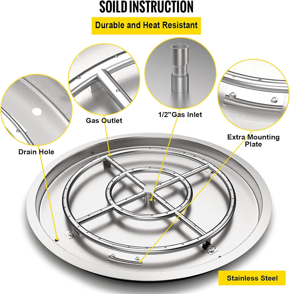31 x 31 Round Stainless Steel Gas Fire Pit Burner Pan with Volcanic Rock Insert Q944121