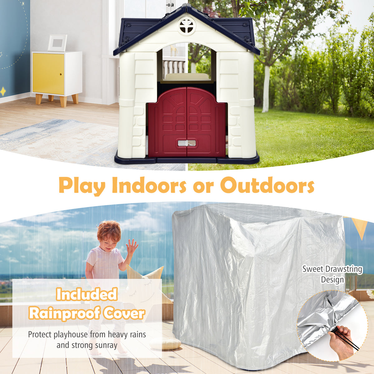 Blue Playhouse Games Cottage with 7 PCS Toy Set and Waterproof Cover A892