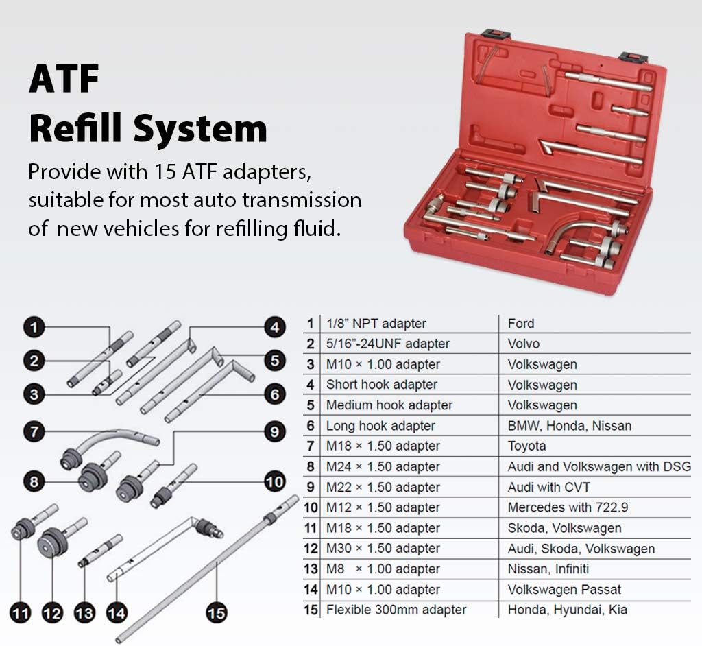 12.5L Pneumatic/Manual ATF Refill System Dispenser with 15-Piece Adapters in Storage Case U269