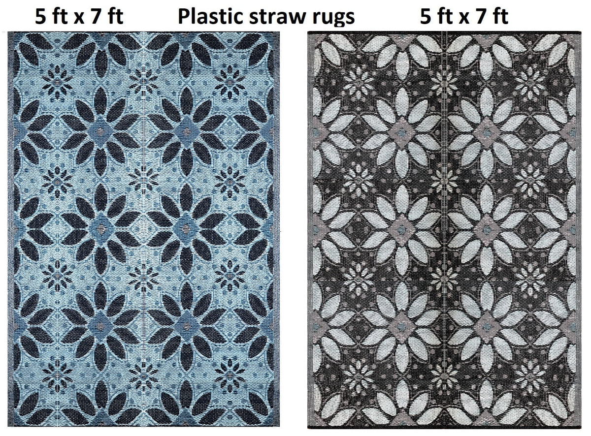 Outdoor Plastic Straw Patio Rugs 2 PK 5 by 7 Feet Blue Black Grey Reversible Waterproof Mats T665