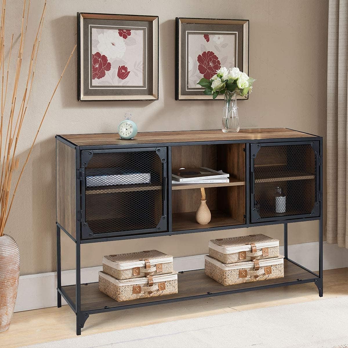 Industrial Kitchen Buffet Floor Cabinet with 6 Cupboard and Displaying Shelves F179588