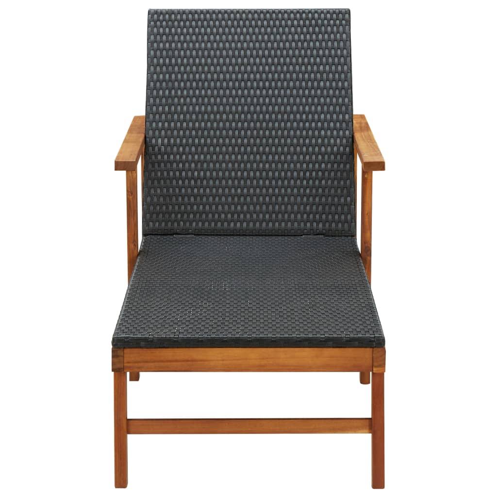 Black Poly Rattan and Solid Acacia Wood Sun Lounger L664