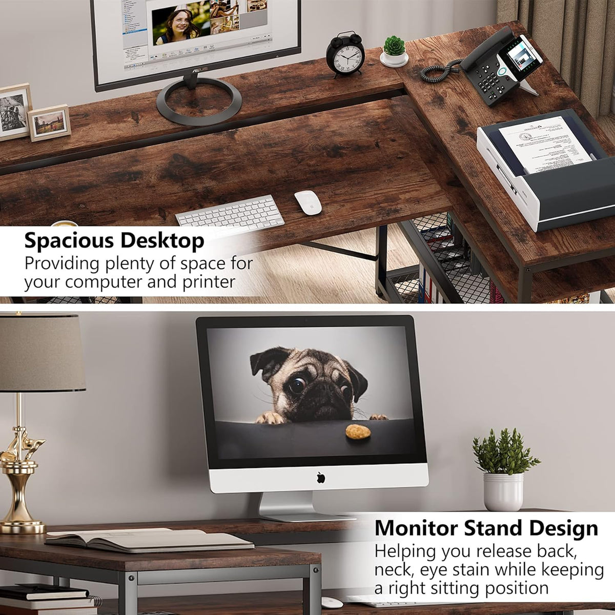 L Shaped Desk with Monitor Stand and Storage Shelf Y90798