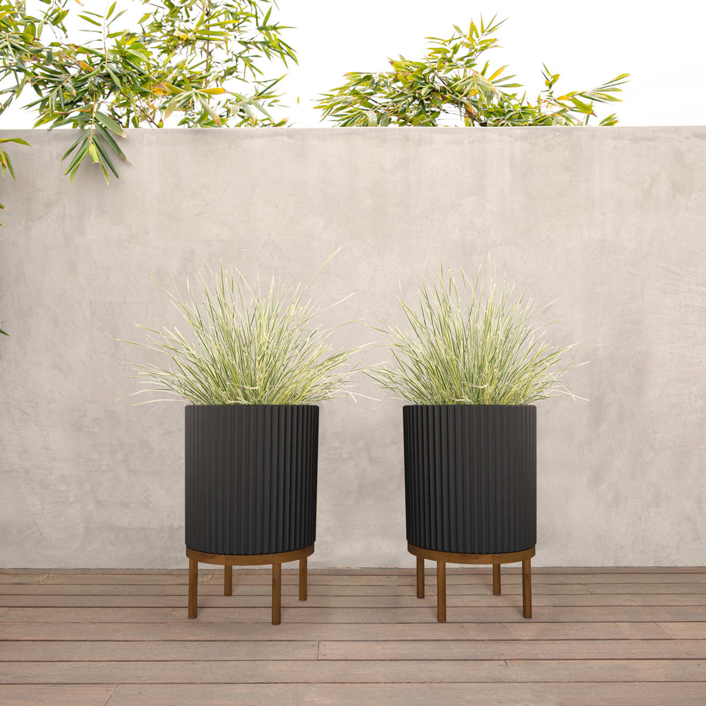 2-Pack Black/Brown Plastic-Stone Planter with Stand F38736