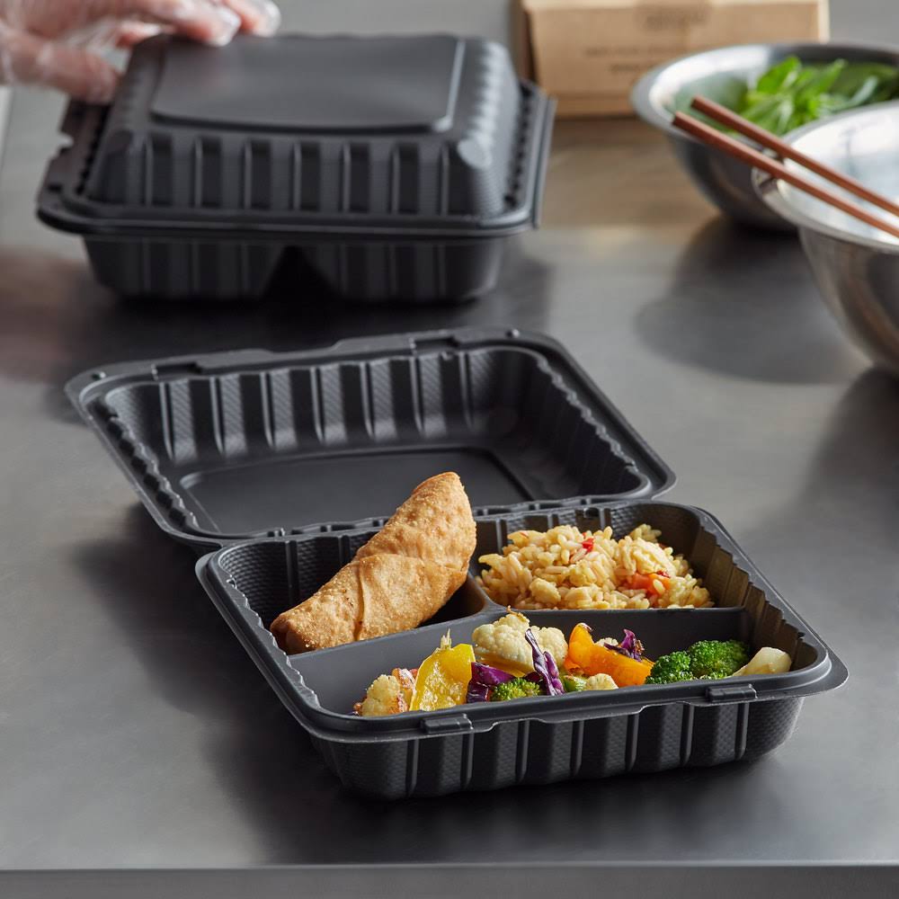 3-Compartment Microwaveable Black Plastic Take-Out Container - 150/Case X343640