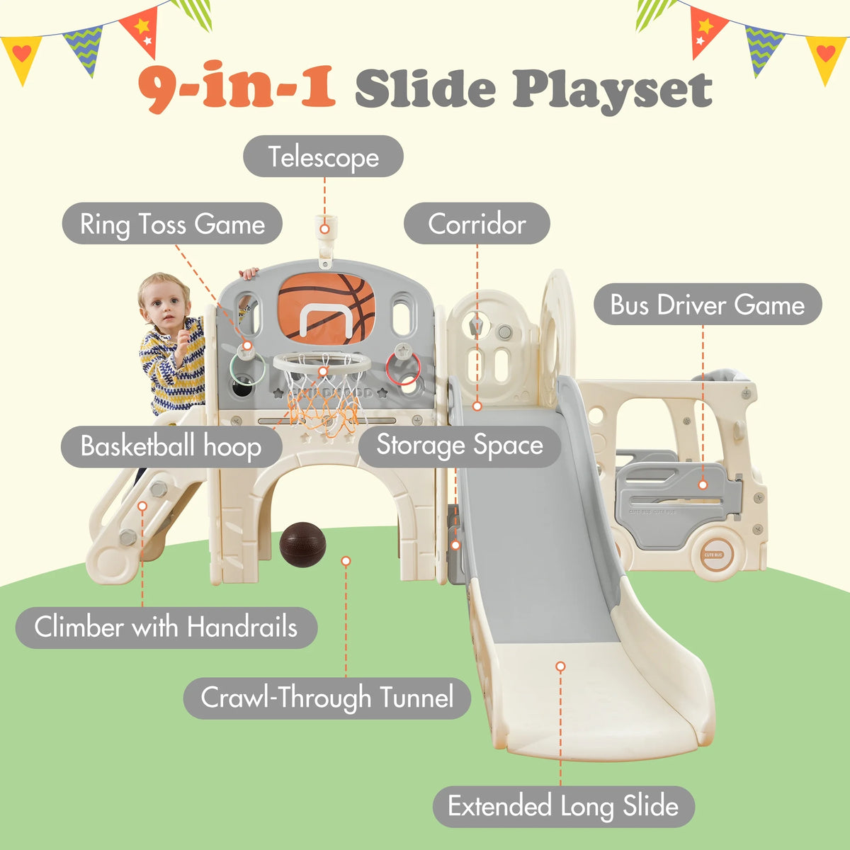 9 in 1 Kids Slide Playset with Basketball Hoop Y128
