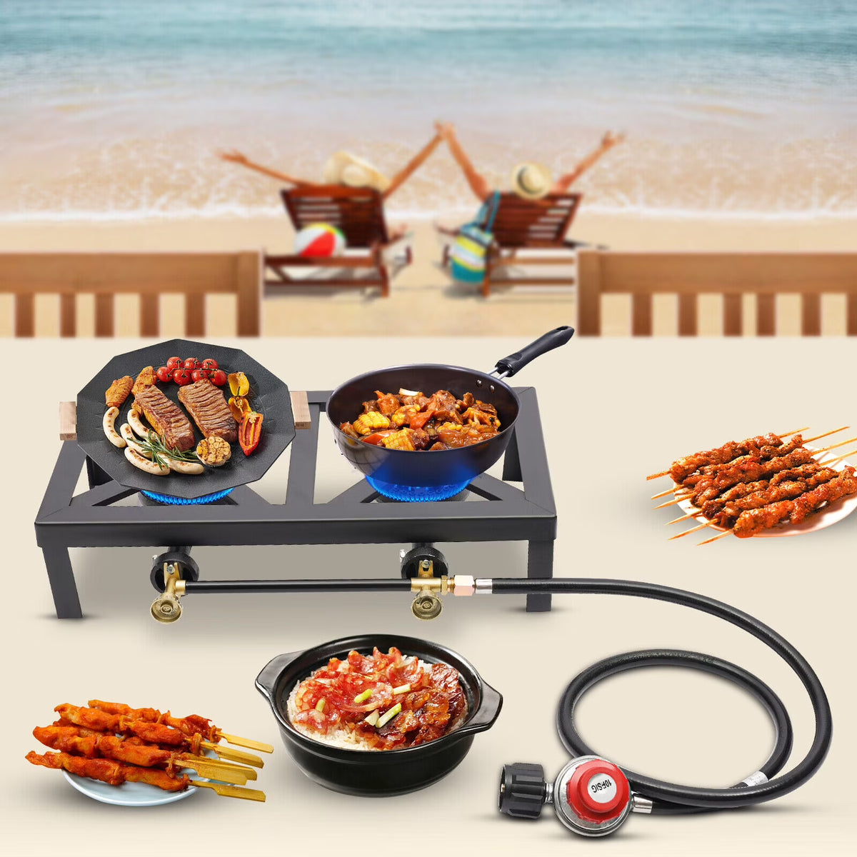 Portable Camping Stove Double Burner Outdoor Gas Stove with Regulator Hose Z3517