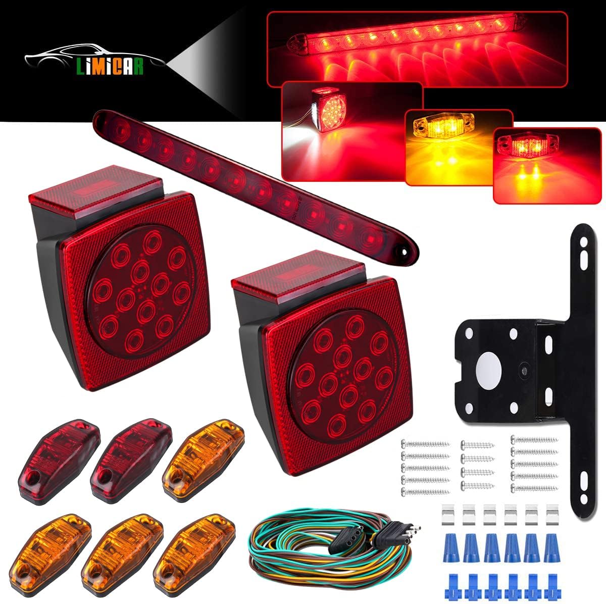 LED Trailer Lights Kit, Submersible Square Stop Turn Tail Lights with Wire & Bracket, Red/Amber Side Marker Lights, 3rd Brake ID Light Bar T368793