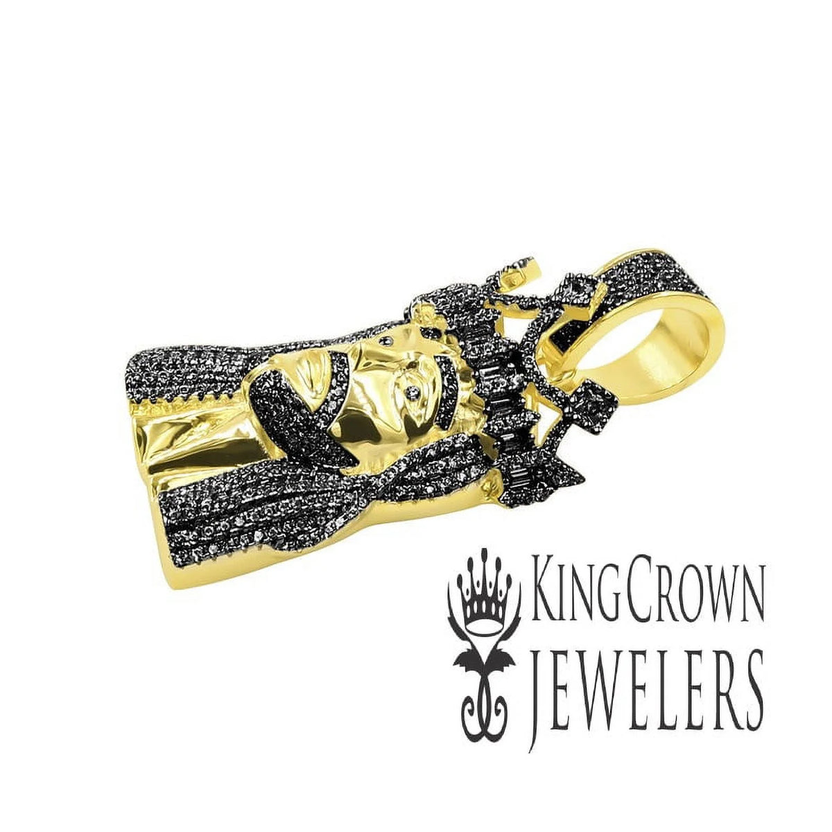 Real Yellow Gold Sterling Silver Black Simulated Diamonds Jesus Face Pendent Charm 2.25'' V270