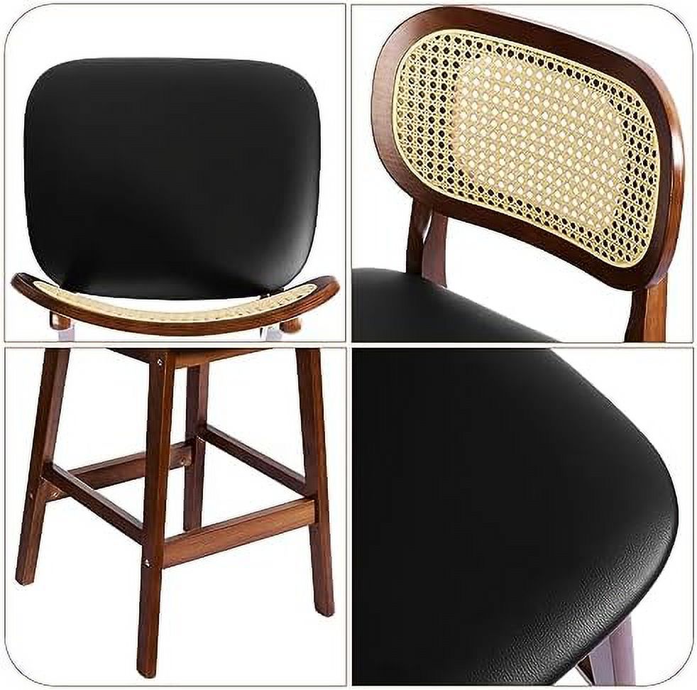 Black Leather Rattan Barstools Set of 2 with Wood Frame S690