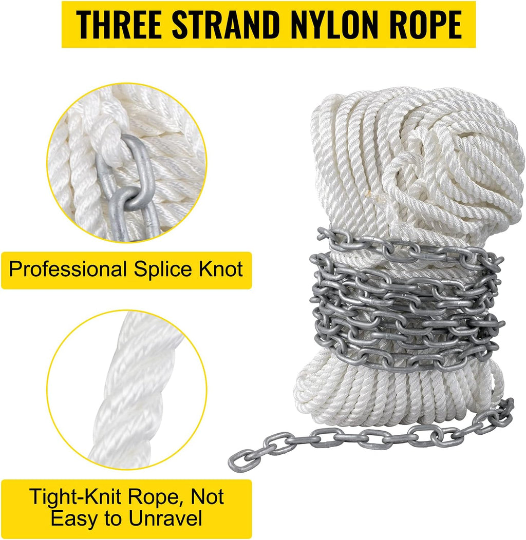 15' x 5/16" Boat Anchor Chain, 1/2" x 200' Nylon Rope, Galvanized Steel Chain L454