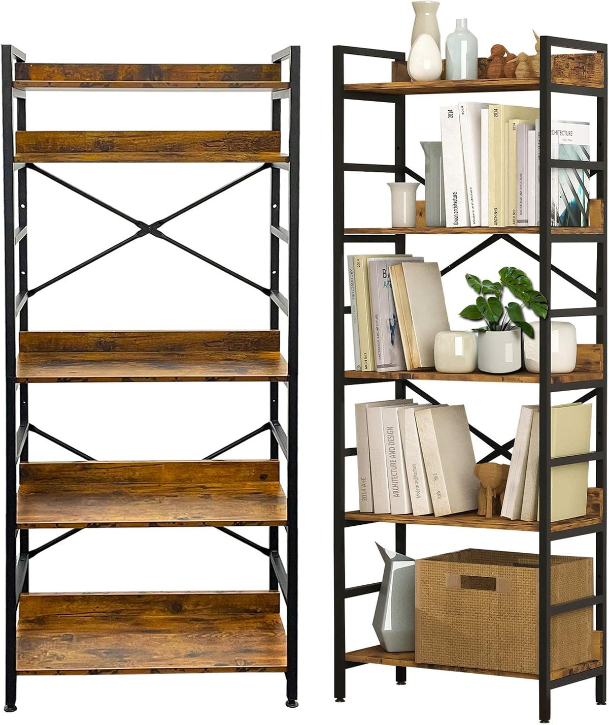 Industrial 4 Tier Tall Bookshelf with Adjustable Shelf, Metal Frame, Rustic Brown W8904