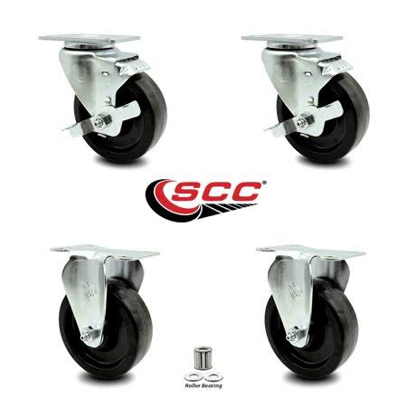 Phenolic TP Caster Set of 4 with Roller Bearing 4x22 Wheels, 2 with Brakes & 2 Rigid J828