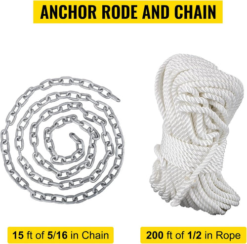 15' x 5/16" Boat Anchor Chain, 1/2" x 200' Nylon Rope, Galvanized Steel Chain L454