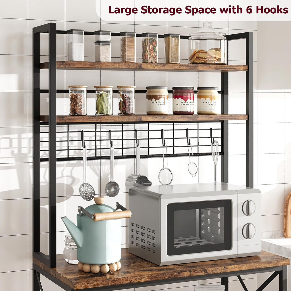 5-Tier Kitchen Utility Storage Shelf with 6 Hooks, Rustic Brown C39918