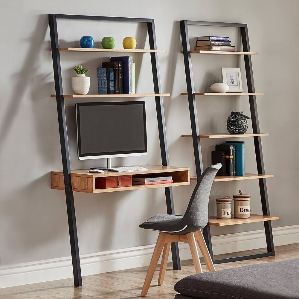 Black and Oak Finish Leaning Ladder Shelves O8416