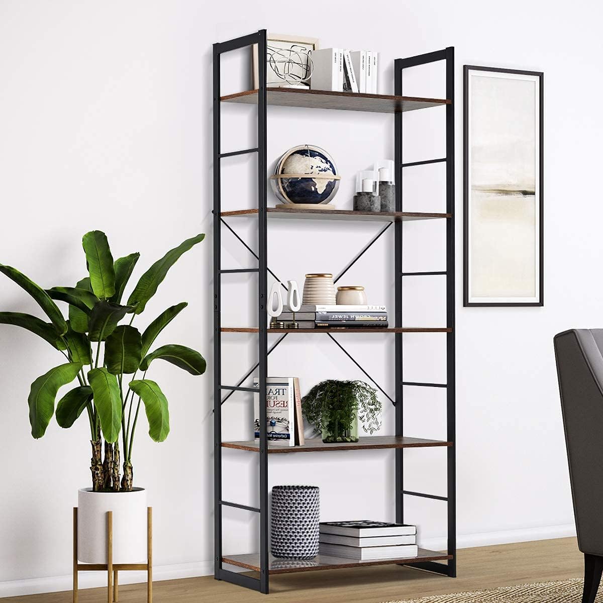 5 Tier Rustic Wood and Metal Bookshelf V773648