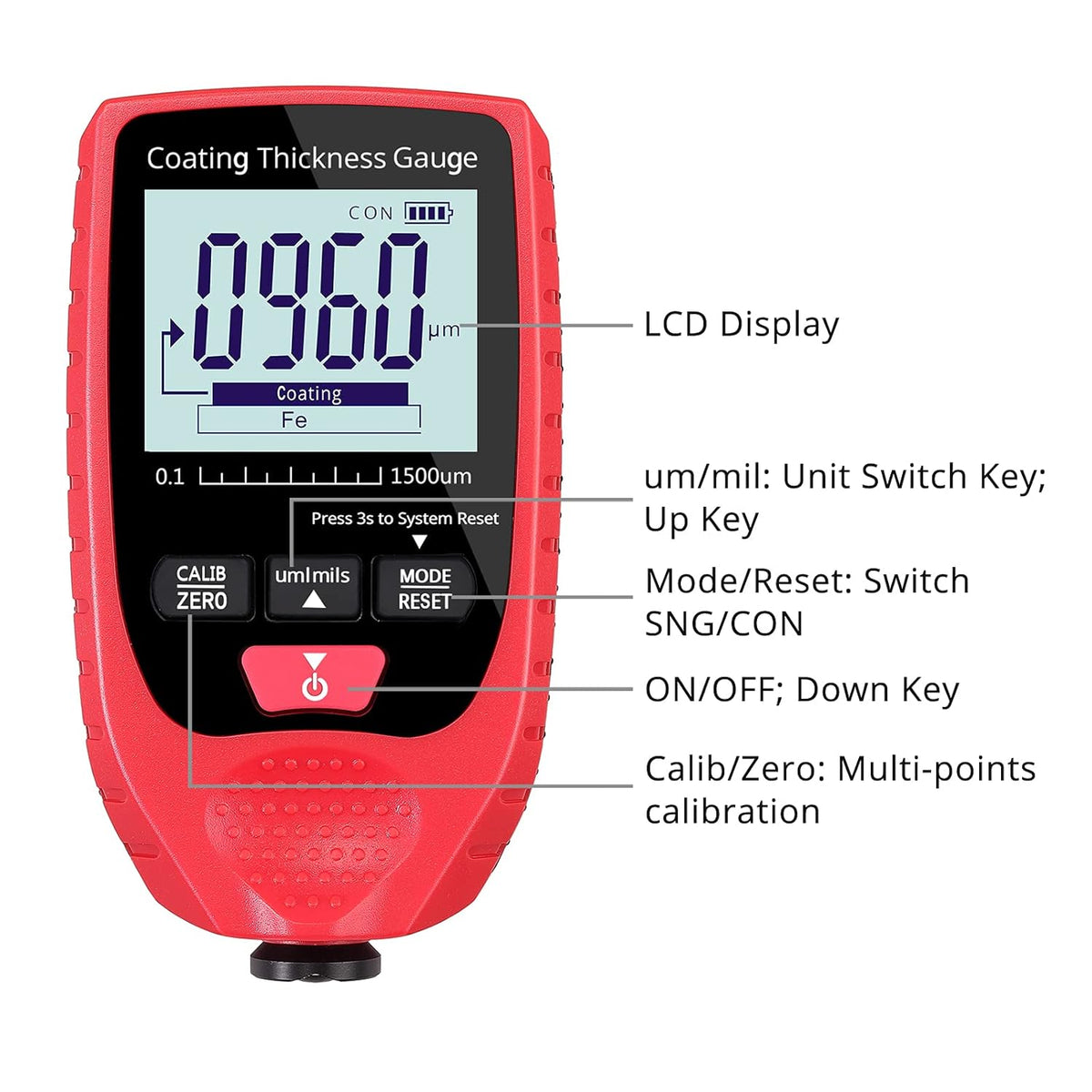 Paint Coating Thickness Gauge Meter Handheld with Backlight LCD Q12864