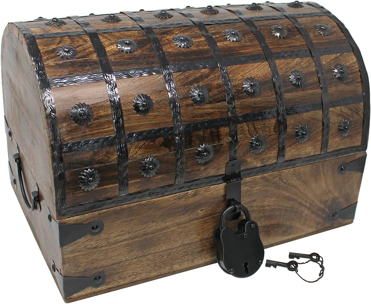 Pirate Treasure Chest with Iron Lock and Skeleton Key, X-Large 16 x 11 x 10.5 L9119