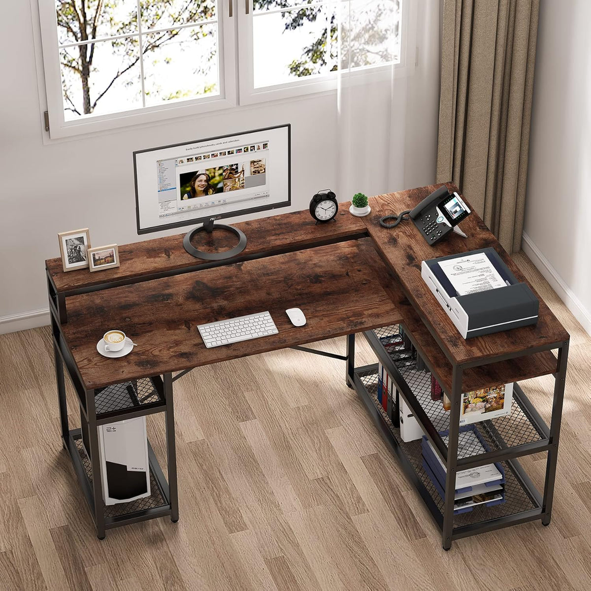 L Shaped Desk with Monitor Stand and Storage Shelf Y90798
