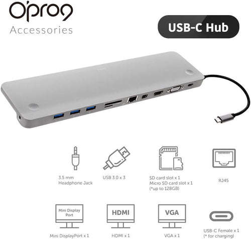 11-in-1 USB C Hub Adapter with HDMI, VGA, MiniDP, SD Card Reader, 3 x USB 3.0 Ports, Gigabit Ethernet, Headphone Jack, Gray A536108