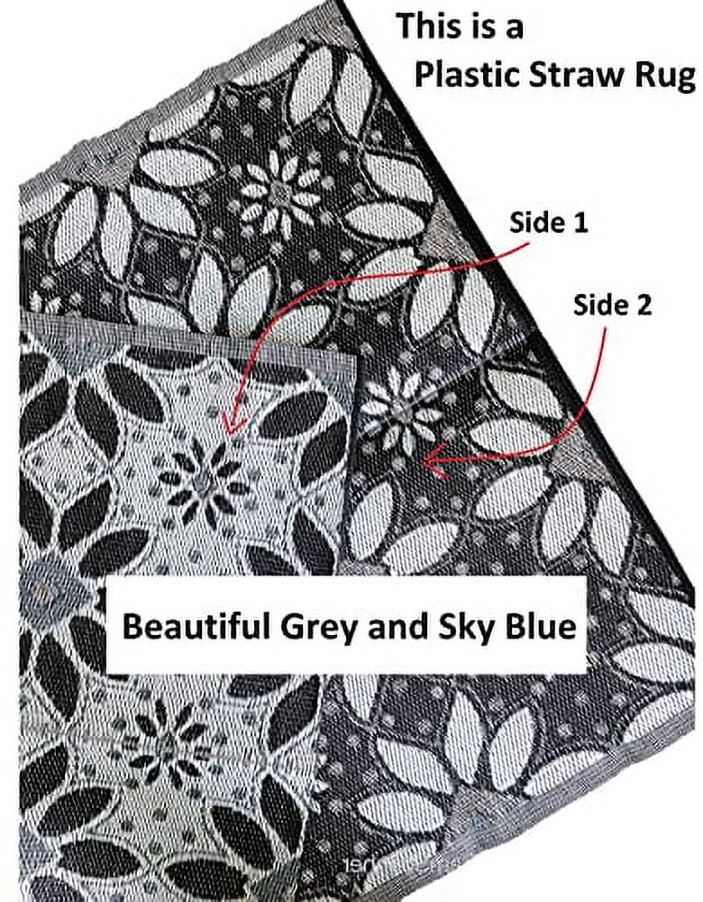 Outdoor Plastic Straw Patio Rugs 2 PK 5 by 7 Feet Blue Black Grey Reversible Waterproof Mats T665