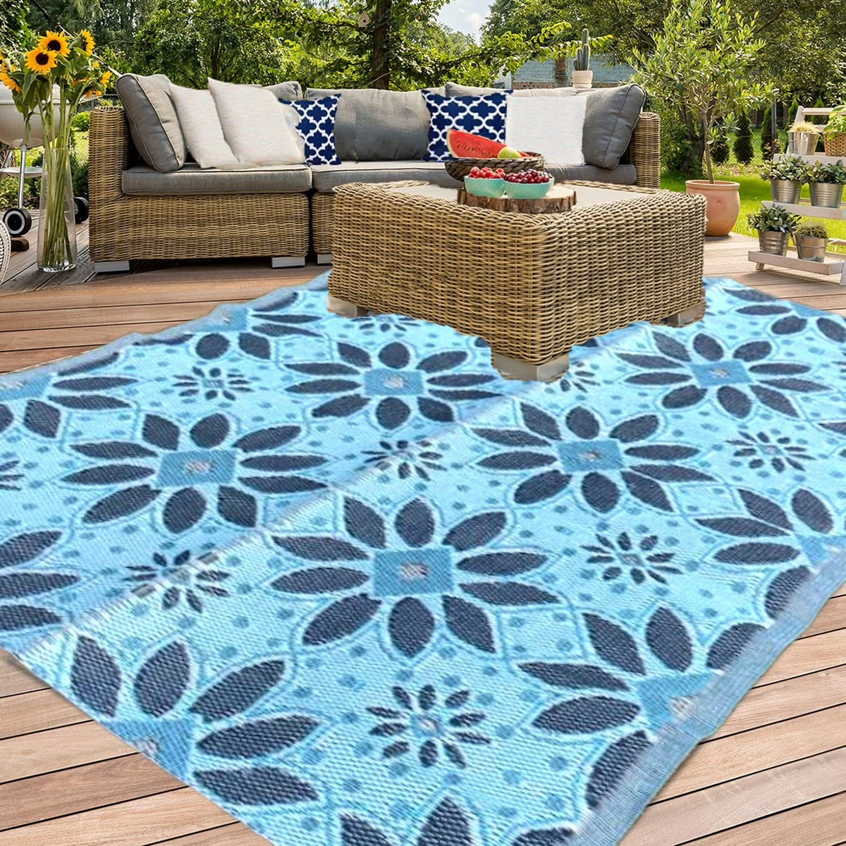 Outdoor Plastic Straw Patio Rugs 2 PK 5 by 7 Feet Blue Black Grey Reversible Waterproof Mats T665