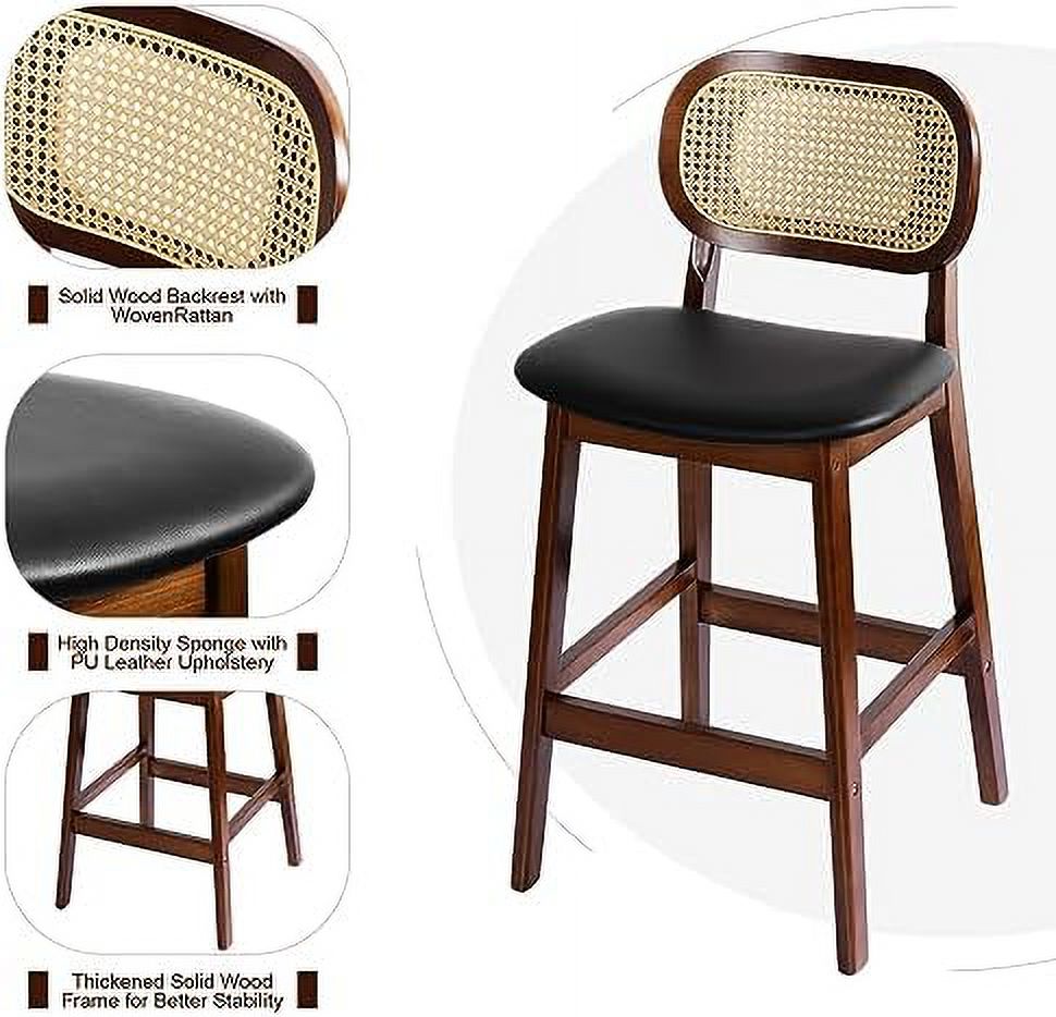 Black Leather Rattan Barstools Set of 2 with Wood Frame S690