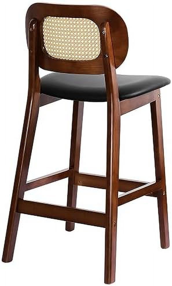 Black Leather Rattan Barstools Set of 2 with Wood Frame S690