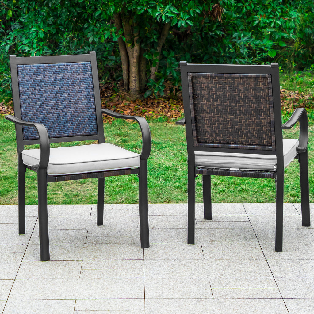 2-Piece Patio Rattan Wicker Armrest Chairs with Beige Cushion H8669