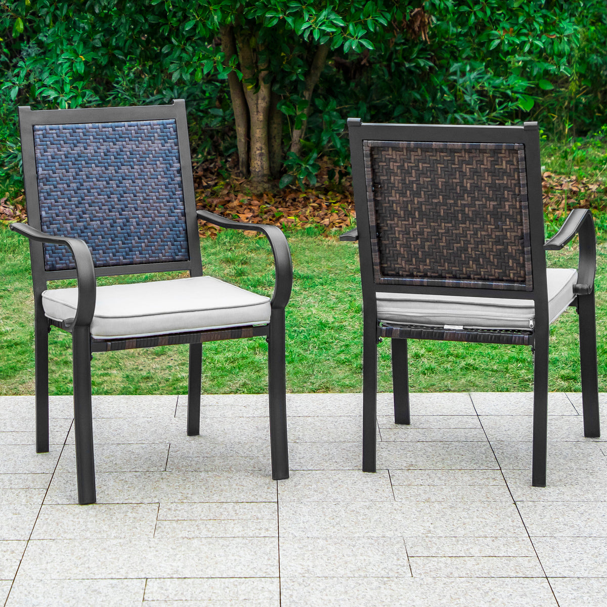 2-Piece Patio Rattan Wicker Armrest Chairs with Beige Cushion H8669