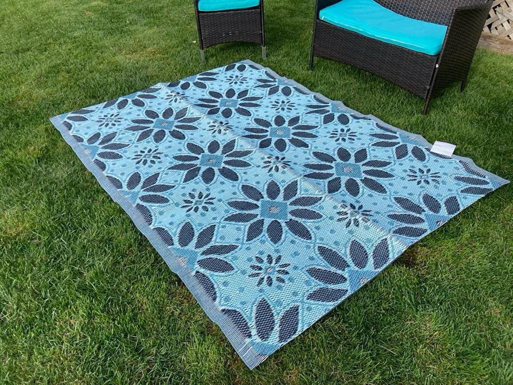Outdoor Plastic Straw Patio Rugs 2 PK 5 by 7 Feet Blue Black Grey Reversible Waterproof Mats T665