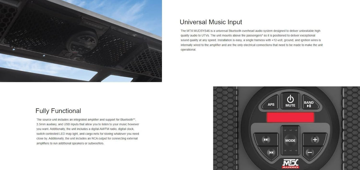 Bluetooth Overhead UTV Audio System with Four Speakers and Built-In Amplifier O318854