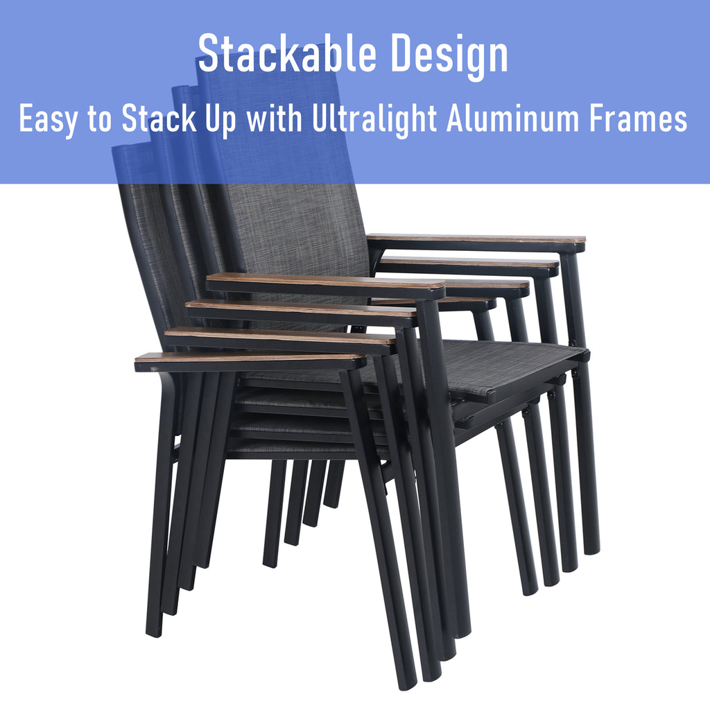 Set of 2 Outdoor Patio Dining Stackable Chairs with Aluminum Frame, Black & Gray V32979