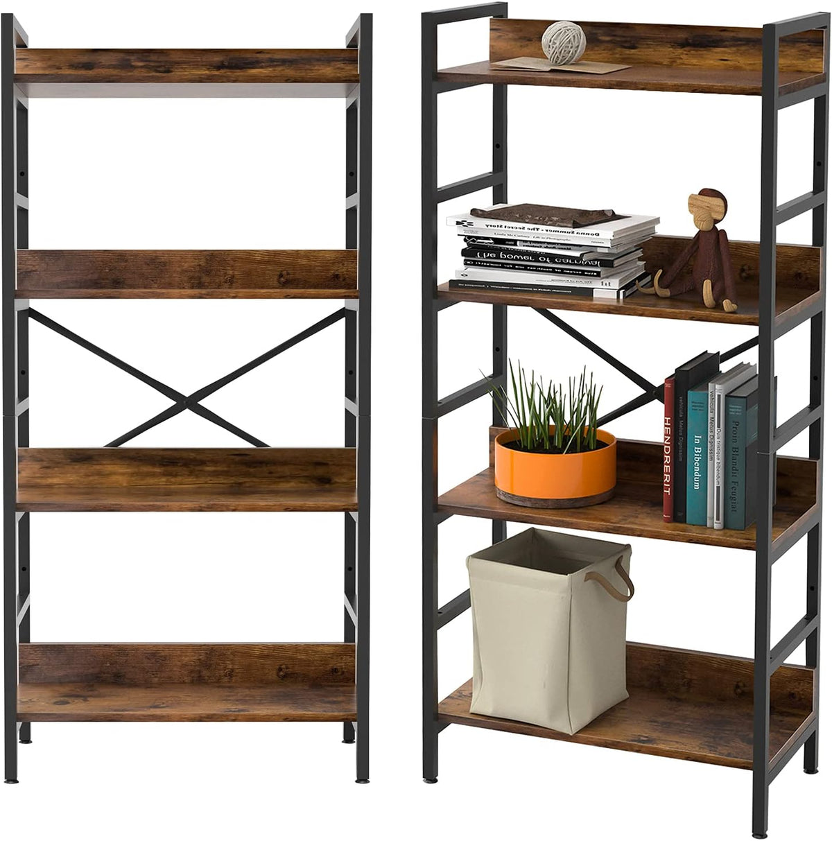 Industrial 4 Tier Tall Bookshelf with Adjustable Shelf, Metal Frame, Rustic Brown W8904