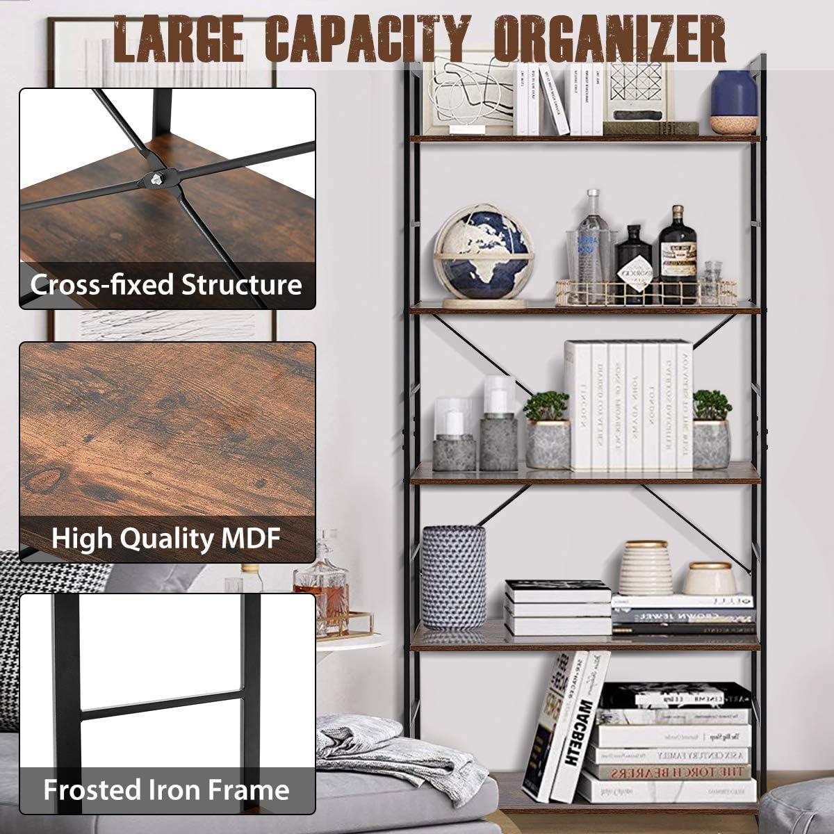 5 Tier Rustic Wood and Metal Bookshelf V773648
